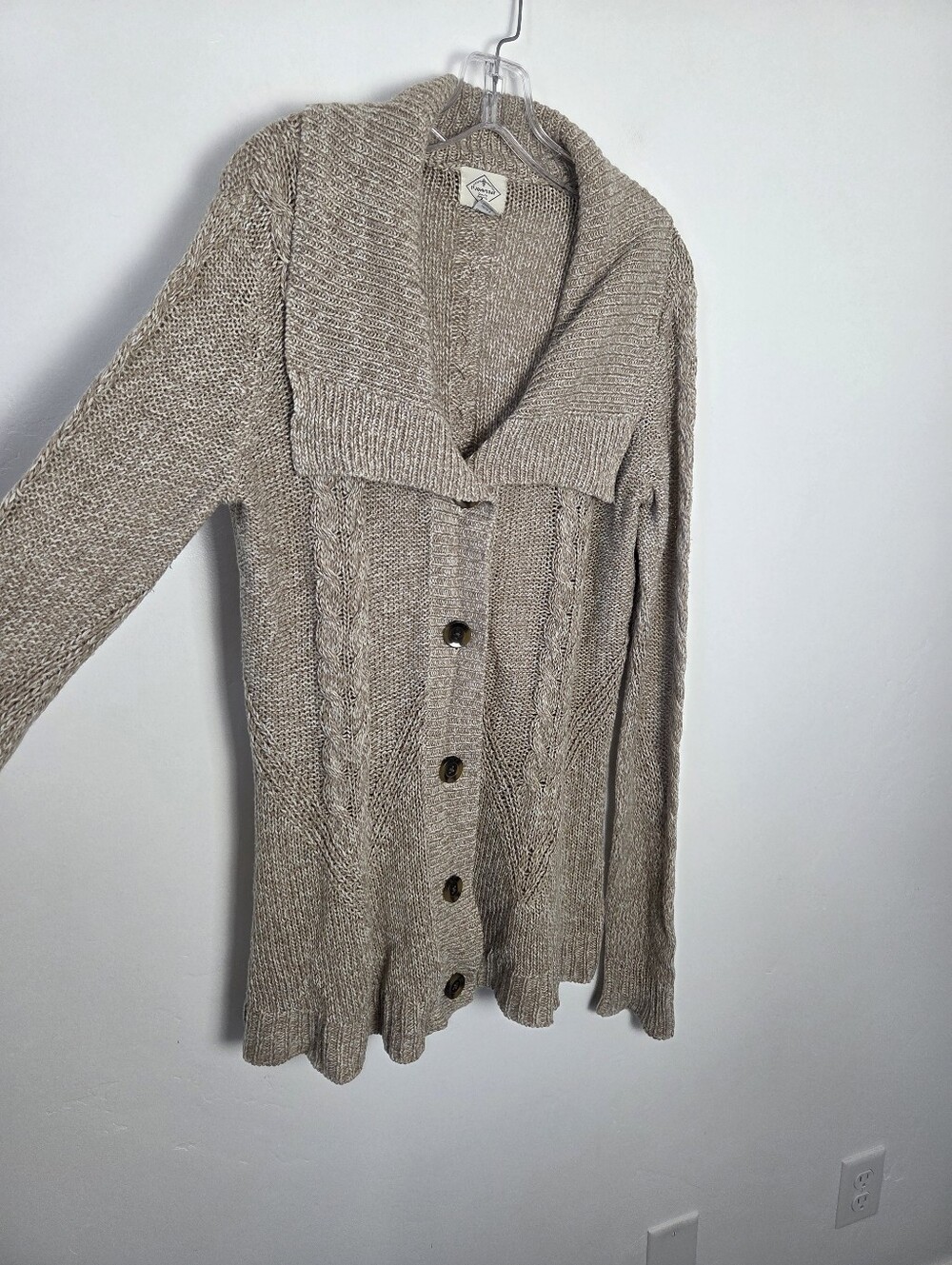Oatmeal Beige Cardigan Sweater Shawl Collar Cable Knit Comfy Loungewear Large